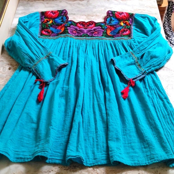 Vintage Tops - Mexican Turquoise Blouse with Multicolor Embroidery